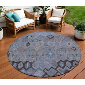 Photo of 8' Brown Blue And Charcoal Round Geometric Washable Indoor Outdoor Area Rug