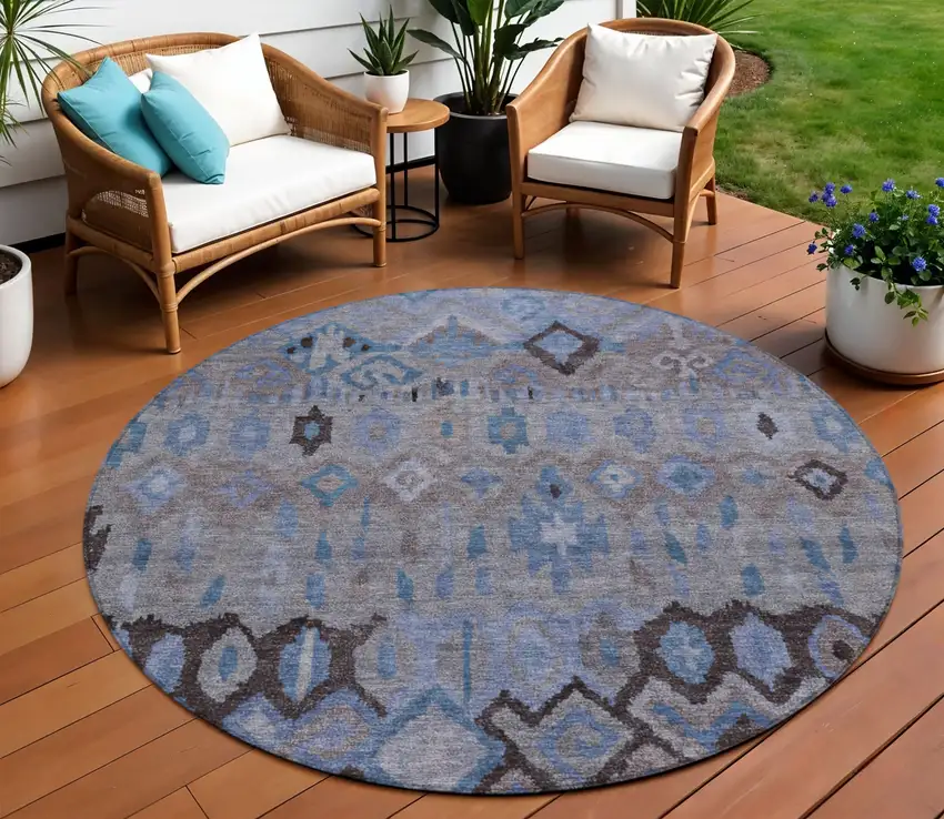 8' Brown Blue And Charcoal Round Geometric Washable Indoor Outdoor Area Rug Photo 1