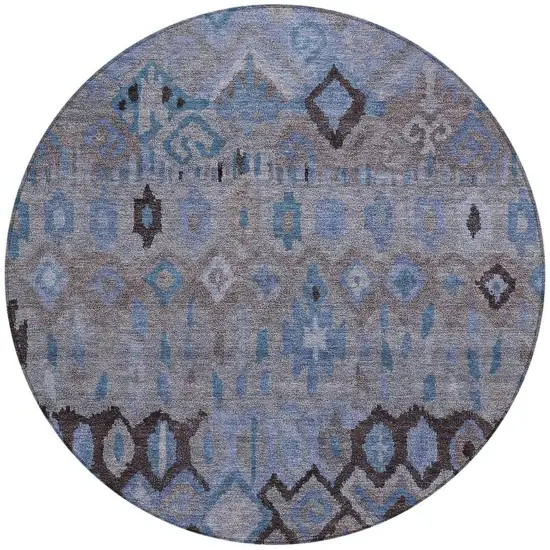 8' Brown Blue And Charcoal Round Geometric Washable Indoor Outdoor Area Rug Photo 4