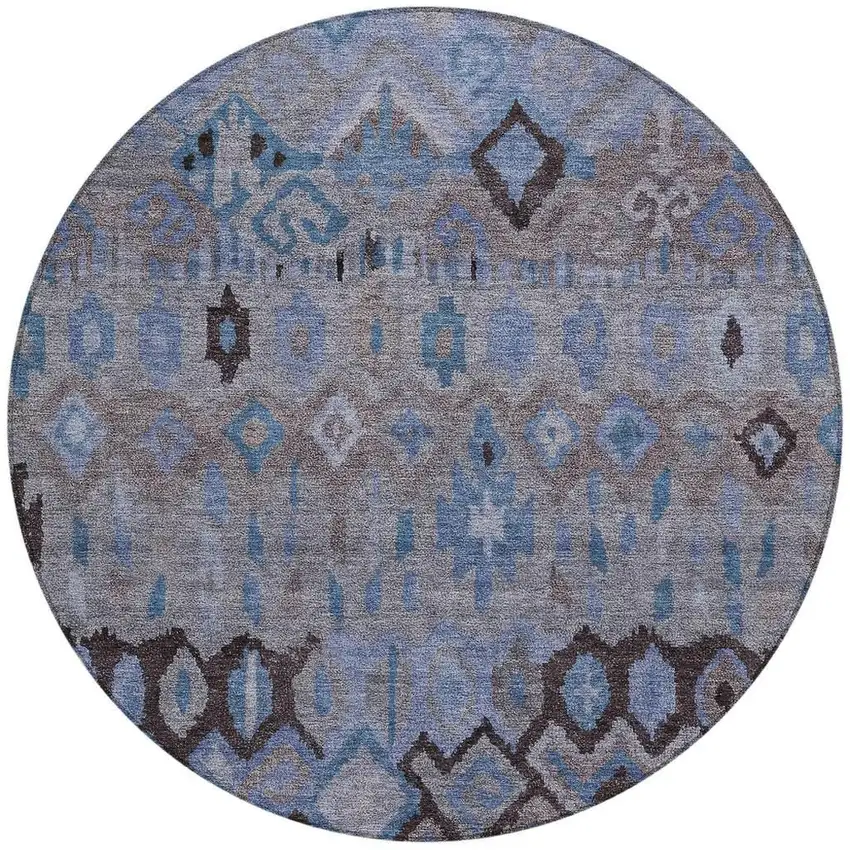8' Brown Blue And Charcoal Round Geometric Washable Indoor Outdoor Area Rug Photo 4