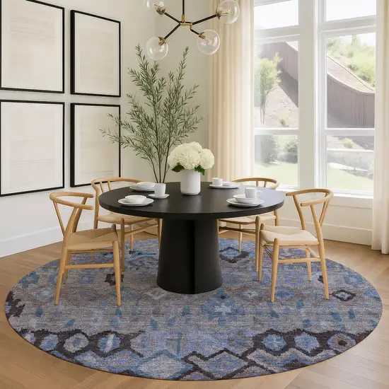 8' Brown Blue And Charcoal Round Geometric Washable Indoor Outdoor Area Rug Photo 9
