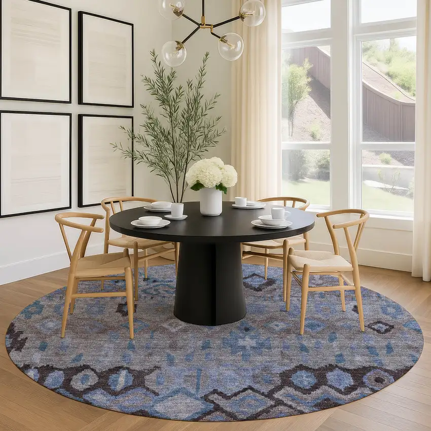 8' Brown Blue And Charcoal Round Geometric Washable Indoor Outdoor Area Rug Photo 9