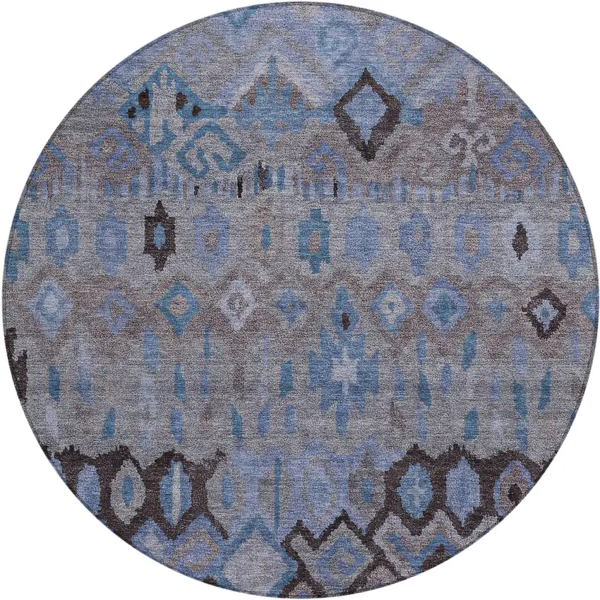 8' Brown Blue And Charcoal Round Geometric Washable Indoor Outdoor Area Rug Photo 2