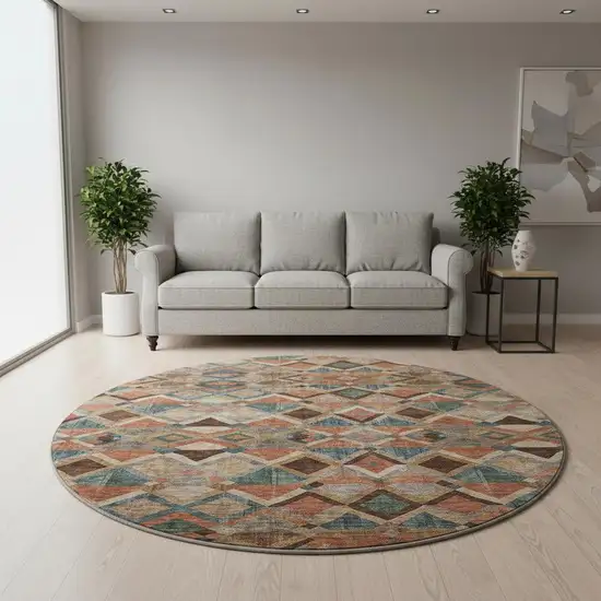 8' Brown Blue And Coral Geometric Washable Round Rug With UV Protection Photo 2