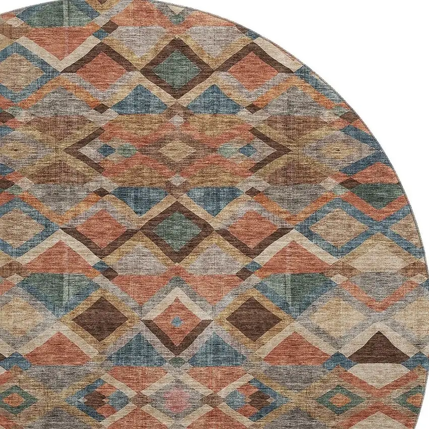 8' Brown Blue And Coral Geometric Washable Round Rug With UV Protection Photo 3