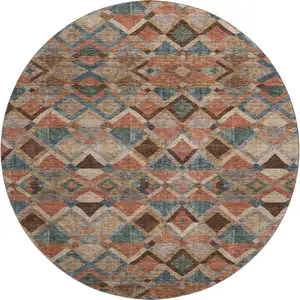 Photo of 8' Brown Blue And Coral Geometric Washable Round Rug With UV Protection