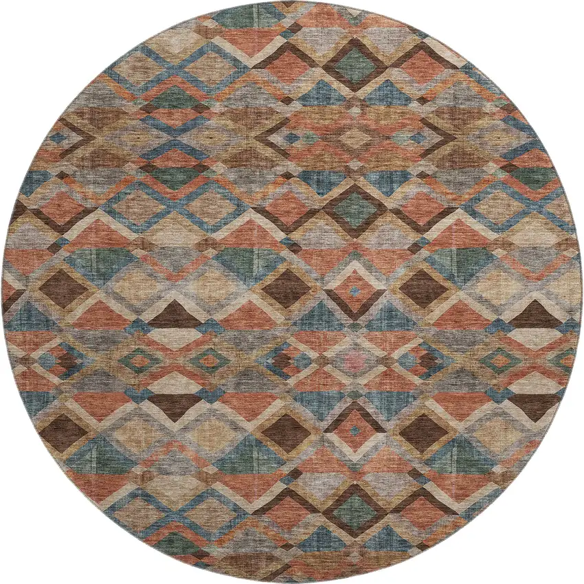 8' Brown Blue And Coral Geometric Washable Round Rug With UV Protection Photo 1