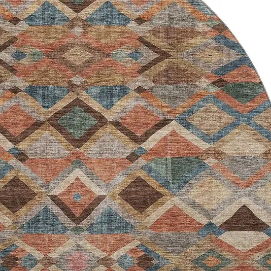 8' Brown Blue And Coral Geometric Washable Round Rug With UV Protection Photo 2