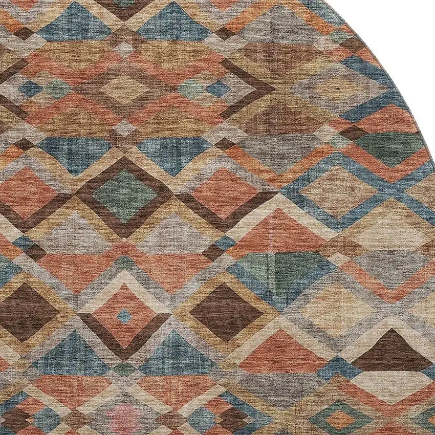 8' Brown Blue And Coral Geometric Washable Round Rug With UV Protection Photo 2