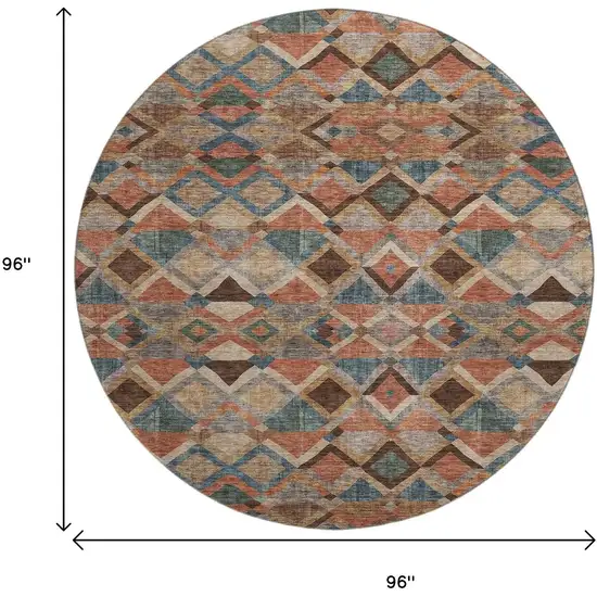 8' Brown Blue And Coral Geometric Washable Round Rug With UV Protection Photo 9