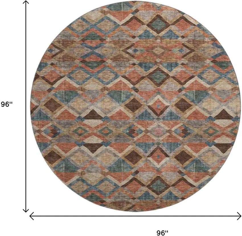 8' Brown Blue And Coral Geometric Washable Round Rug With UV Protection Photo 9