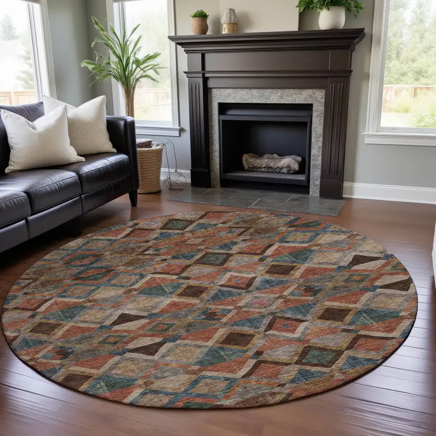 8' Brown Blue And Coral Geometric Washable Round Rug With UV Protection Photo 4