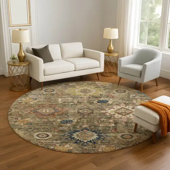 8' Brown Blue And Gold Oriental Washable Round Rug With UV Protection Photo 5
