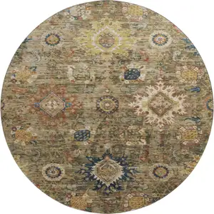 Photo of 8' Brown Blue And Gold Oriental Washable Round Rug With UV Protection