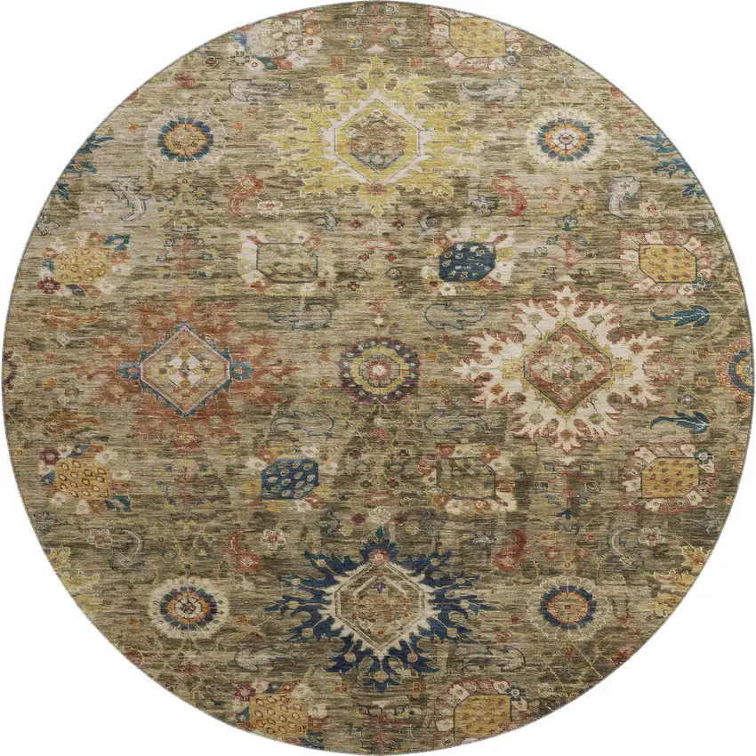 8' Brown Blue And Gold Oriental Washable Round Rug With UV Protection Photo 1