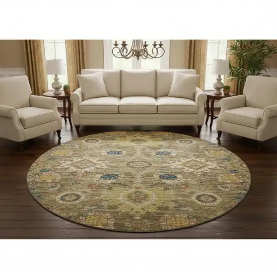 8' Brown Blue And Gold Oriental Washable Round Rug With UV Protection Photo 2