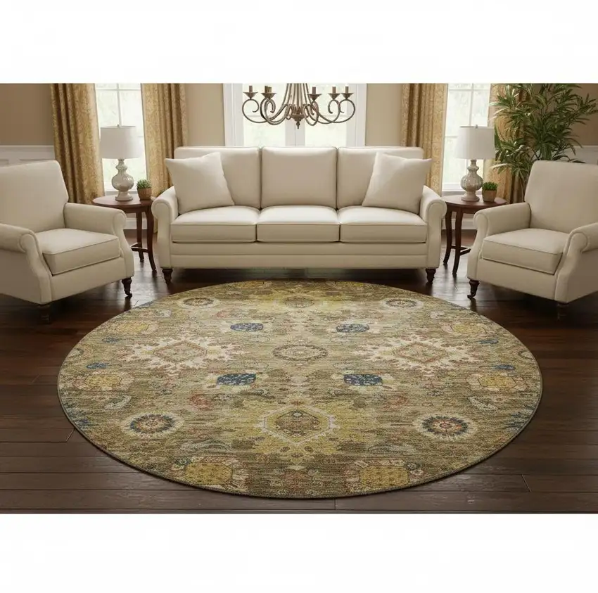 8' Brown Blue And Gold Oriental Washable Round Rug With UV Protection Photo 2