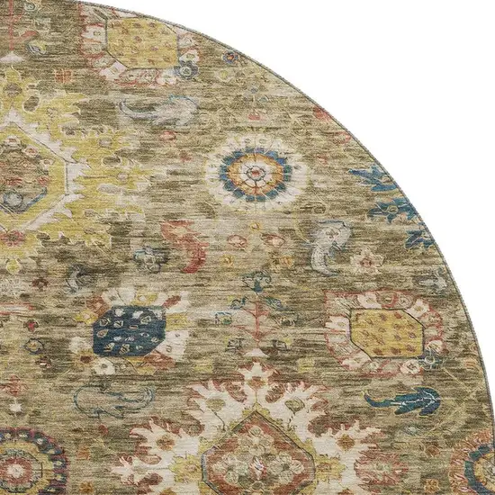 8' Brown Blue And Gold Oriental Washable Round Rug With UV Protection Photo 4