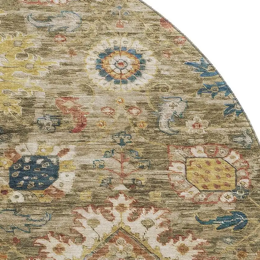 8' Brown Blue And Gold Oriental Washable Round Rug With UV Protection Photo 3