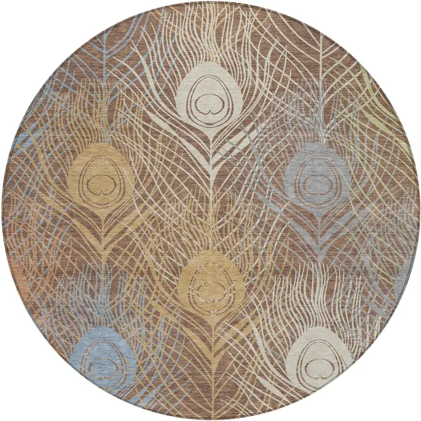 8' Brown Blue And Gold Round Floral Washable Indoor Outdoor Area Rug Photo 2