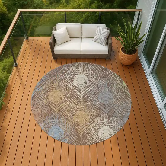 8' Brown Blue And Gold Round Floral Washable Indoor Outdoor Area Rug Photo 9