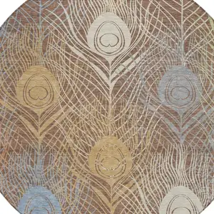 Photo of 8' Brown Blue And Gold Round Floral Washable Indoor Outdoor Area Rug