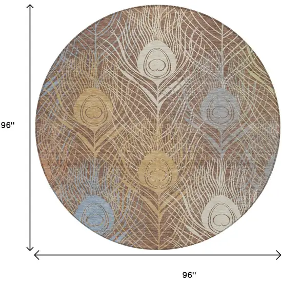 8' Brown Blue And Gold Round Floral Washable Indoor Outdoor Area Rug Photo 3