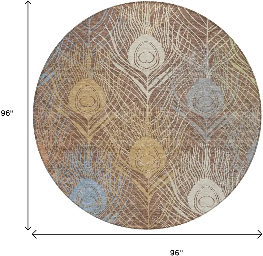 8' Brown Blue And Gold Round Floral Washable Indoor Outdoor Area Rug Photo 3