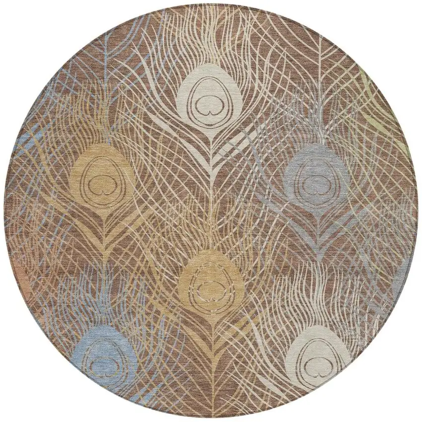 8' Brown Blue And Gold Round Floral Washable Indoor Outdoor Area Rug Photo 5