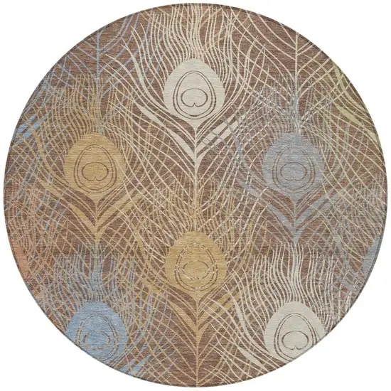 8' Brown Blue And Gold Round Floral Washable Indoor Outdoor Area Rug Photo 4