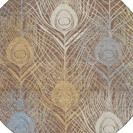 8' Brown Blue And Gold Round Floral Washable Indoor Outdoor Area Rug Photo 8