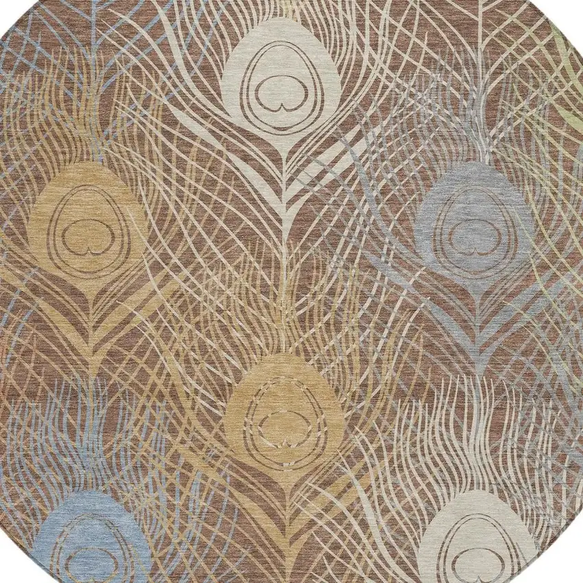 8' Brown Blue And Gold Round Floral Washable Indoor Outdoor Area Rug Photo 8