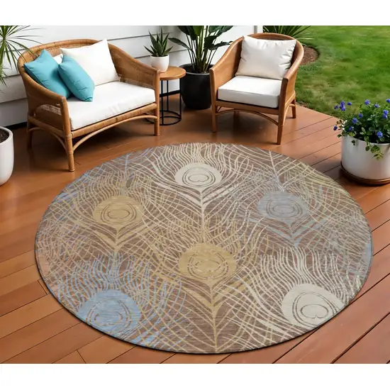 8' Brown Blue And Gold Round Floral Washable Indoor Outdoor Area Rug Photo 1