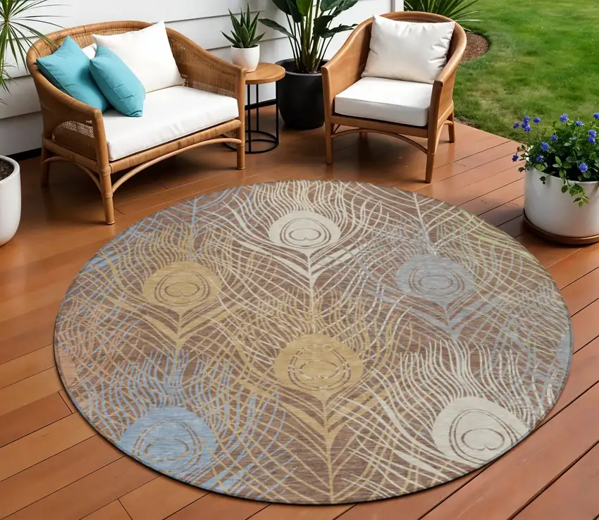 8' Brown Blue And Gold Round Floral Washable Indoor Outdoor Area Rug Photo 1
