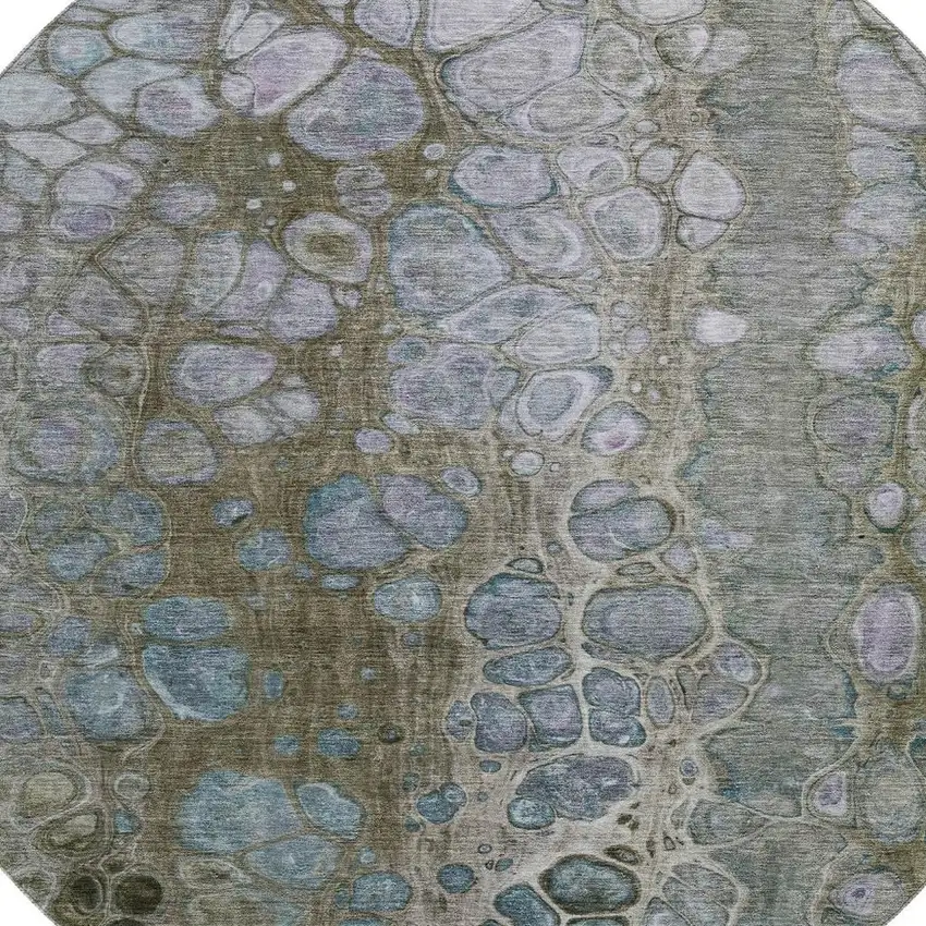 8' Brown Blue And Gray Abstract Washable Round Rug With UV Protection Photo 3