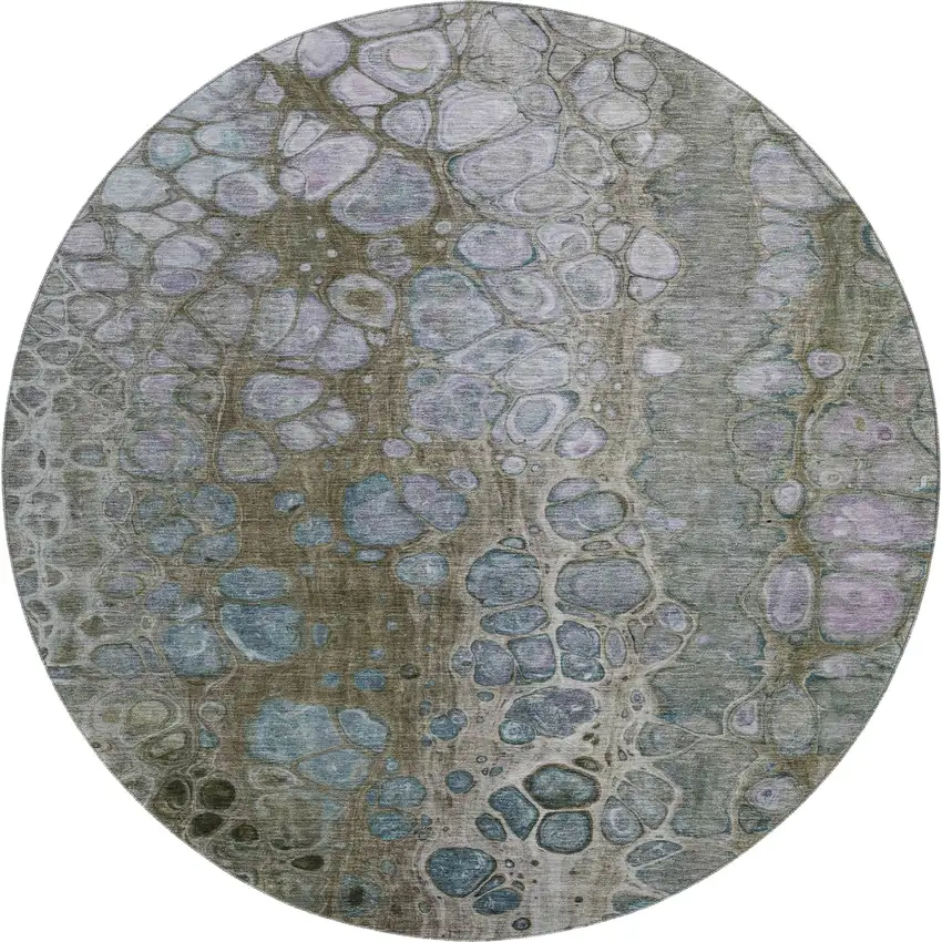 8' Brown Blue And Gray Abstract Washable Round Rug With UV Protection Photo 1