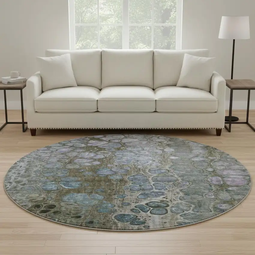 8' Brown Blue And Gray Abstract Washable Round Rug With UV Protection Photo 2
