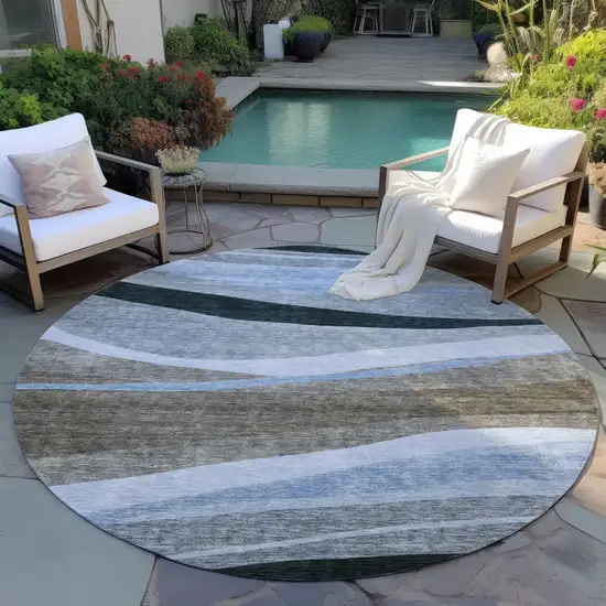 8' Brown Blue And Gray Round Abstract Washable Indoor Outdoor Area Rug Photo 7