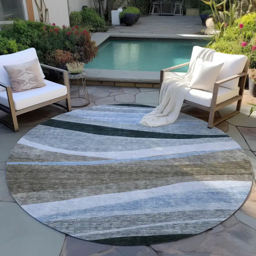 8' Brown Blue And Gray Round Abstract Washable Indoor Outdoor Area Rug Photo 7