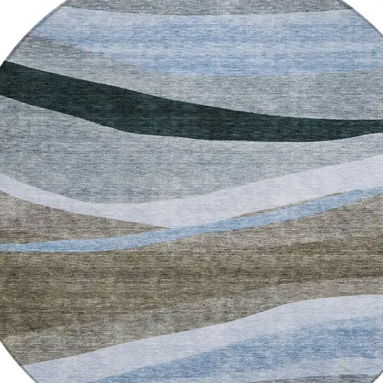 8' Brown Blue And Gray Round Abstract Washable Indoor Outdoor Area Rug Photo 5