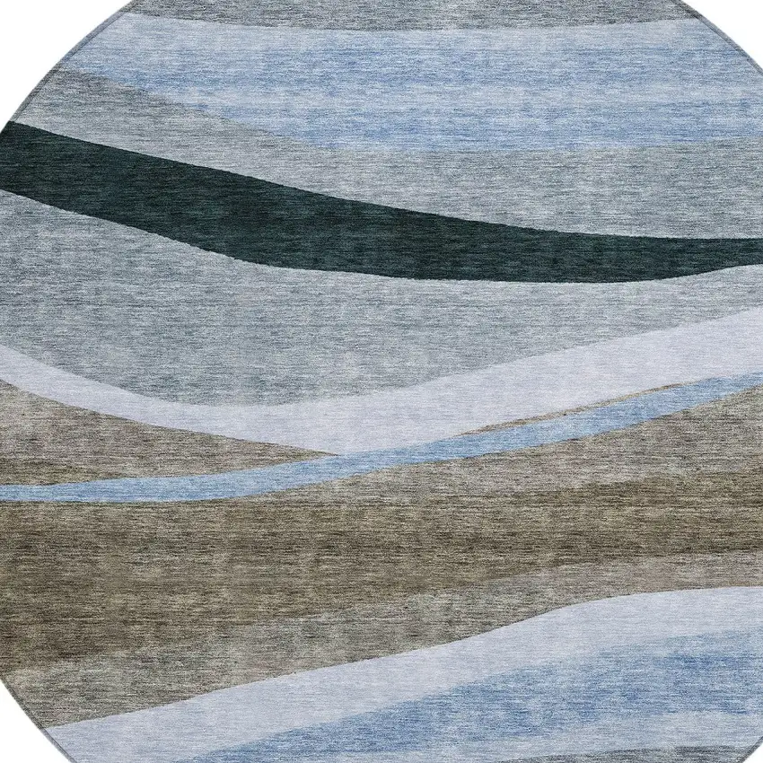 8' Brown Blue And Gray Round Abstract Washable Indoor Outdoor Area Rug Photo 5