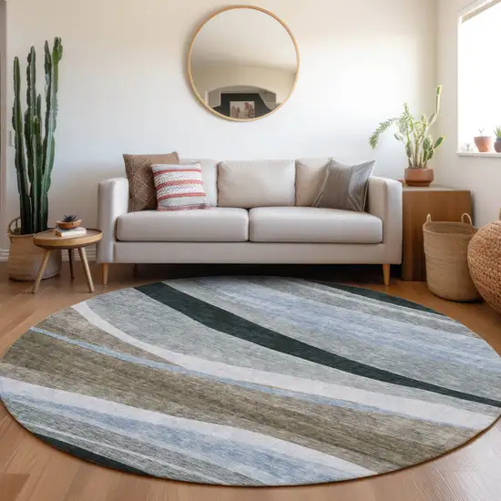 8' Brown Blue And Gray Round Abstract Washable Indoor Outdoor Area Rug Photo 8