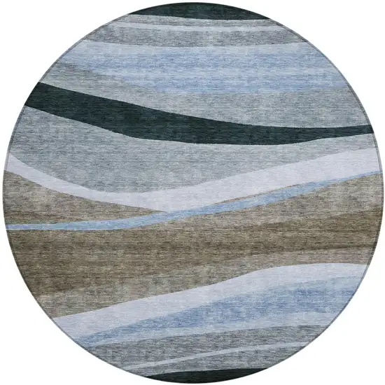 8' Brown Blue And Gray Round Abstract Washable Indoor Outdoor Area Rug Photo 2