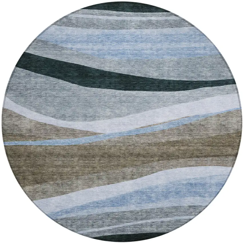 8' Brown Blue And Gray Round Abstract Washable Indoor Outdoor Area Rug Photo 2