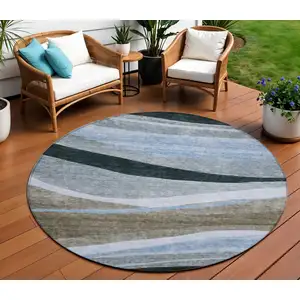 Photo of 8' Brown Blue And Gray Round Abstract Washable Indoor Outdoor Area Rug