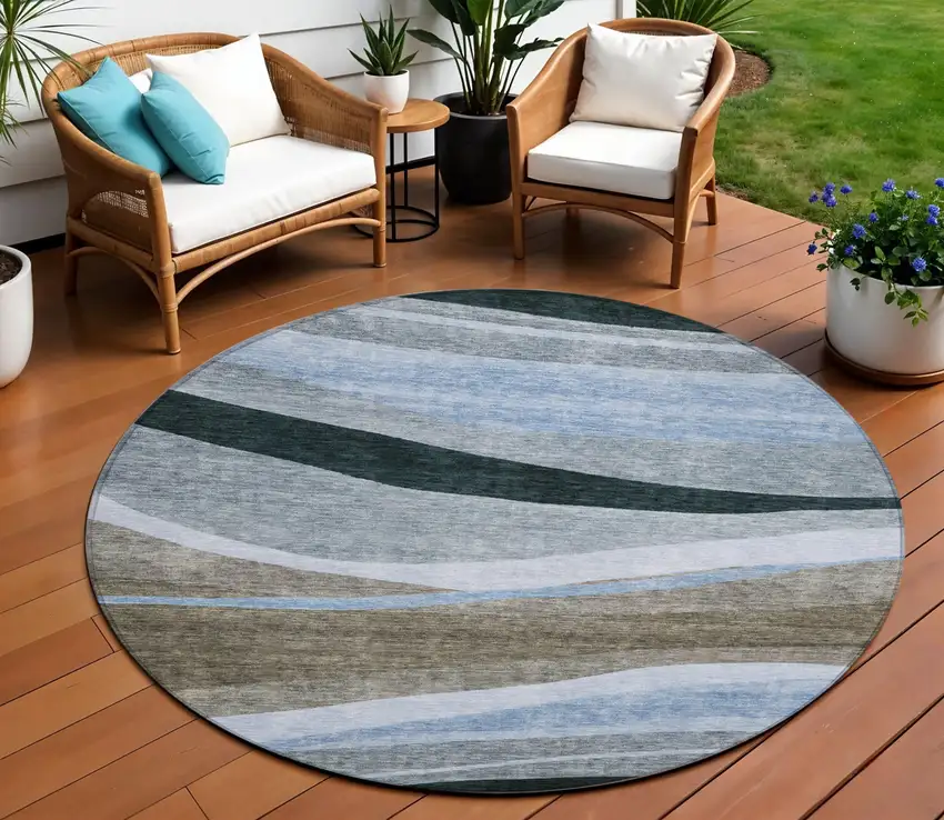 8' Brown Blue And Gray Round Abstract Washable Indoor Outdoor Area Rug Photo 1