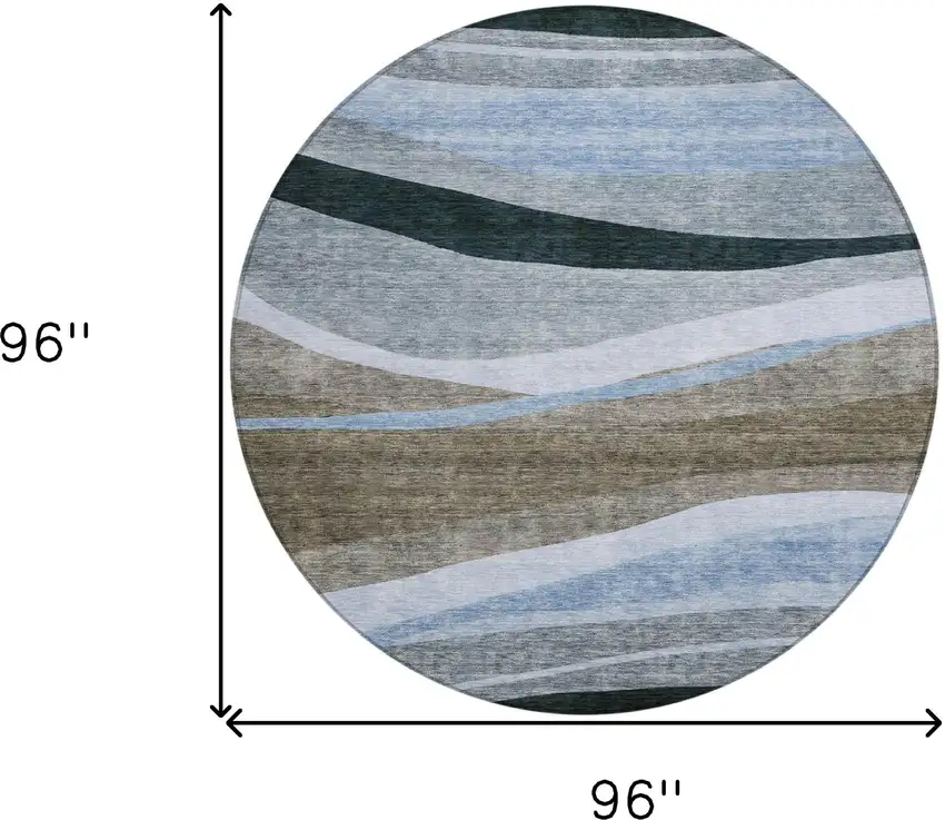 8' Brown Blue And Gray Round Abstract Washable Indoor Outdoor Area Rug Photo 9