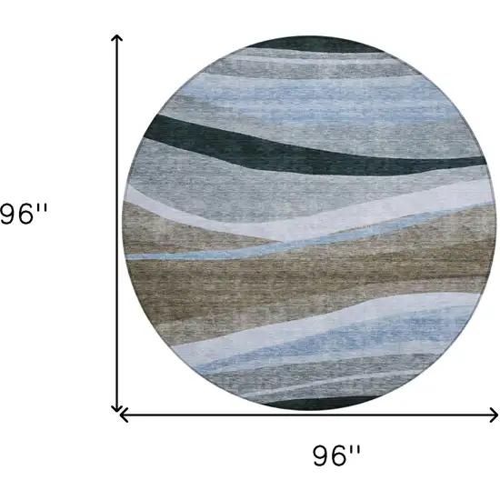 8' Brown Blue And Gray Round Abstract Washable Indoor Outdoor Area Rug Photo 9
