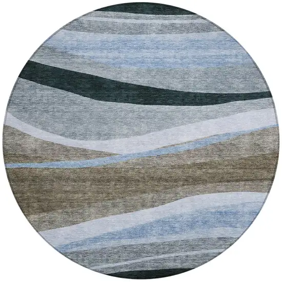 8' Brown Blue And Gray Round Abstract Washable Indoor Outdoor Area Rug Photo 6