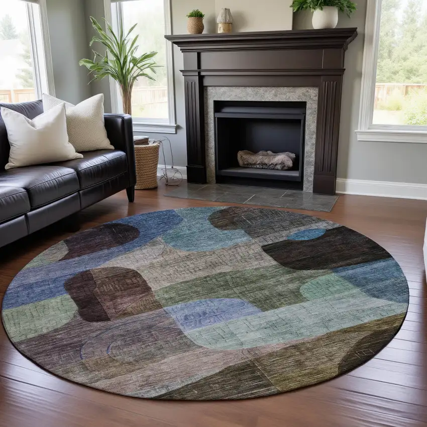 8' Brown Blue And Green Abstract Geometric Washable Round Rug With UV Protection Photo 4